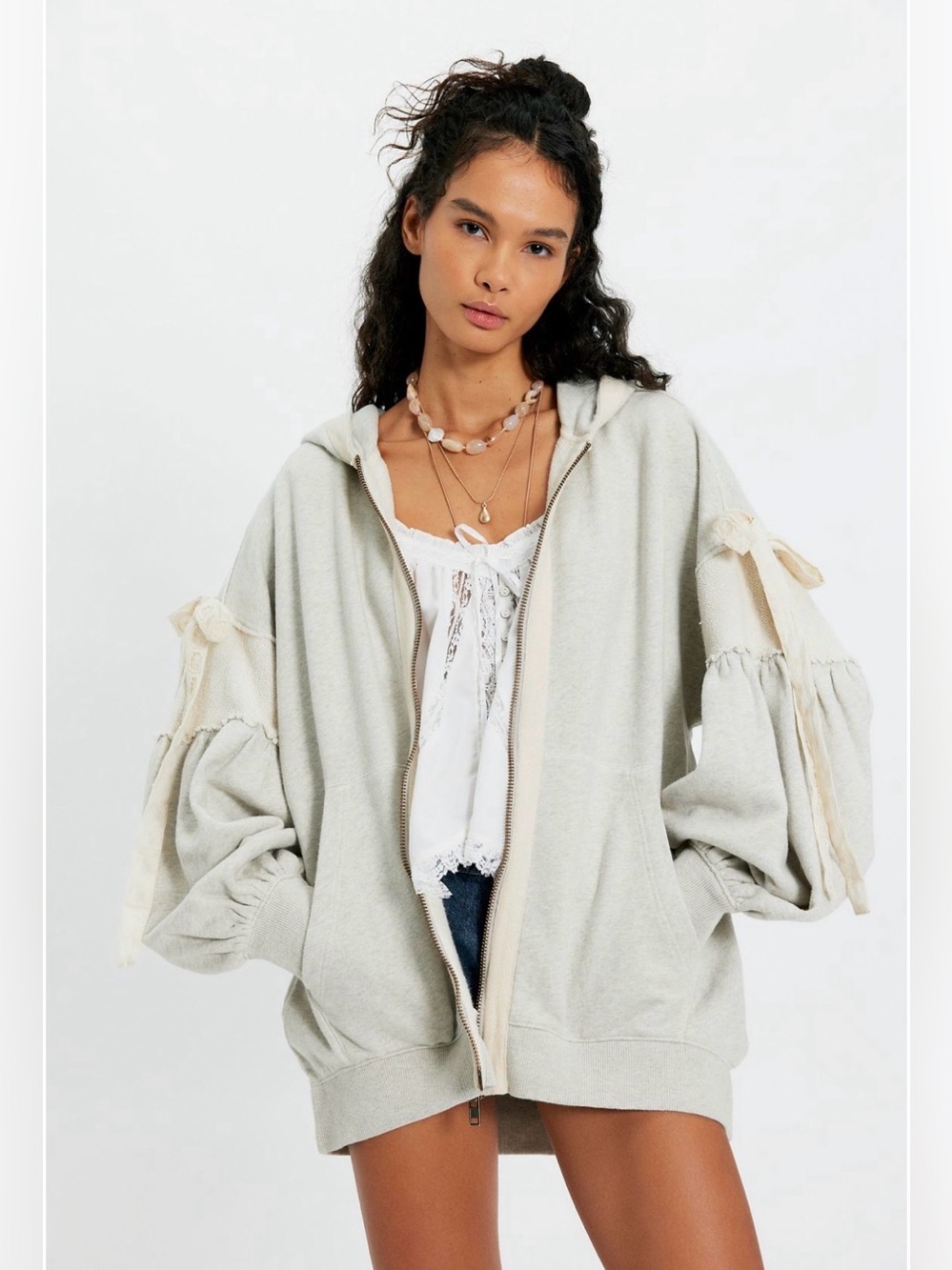 Free People Bow Girl Sweatshirt Hoodie Zip Up Sweater Gray XL